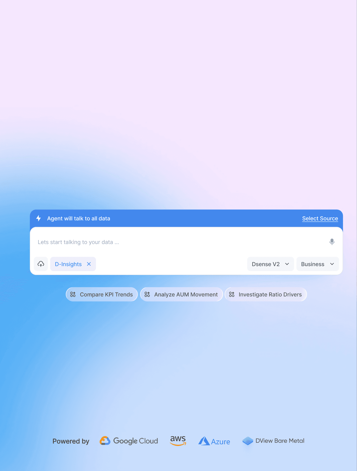 Dview AI-powered data platform interface showing chat assistant and analytics dashboard